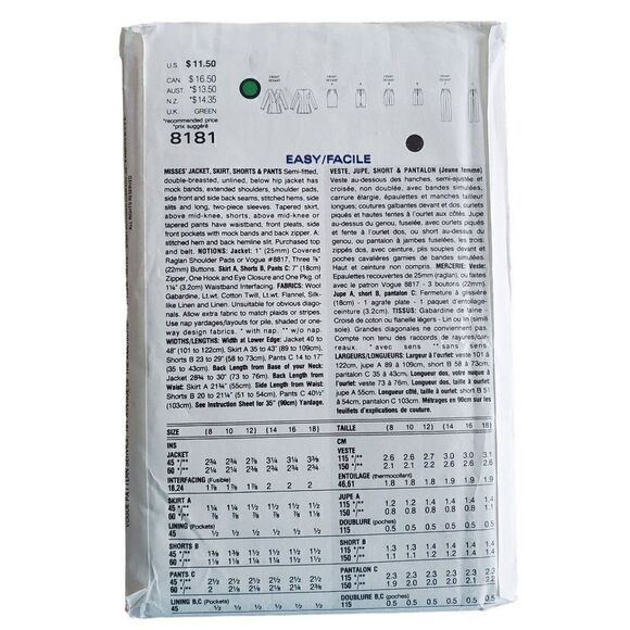 Vintage 90s Vogue Pattern 8181 Uncut Jacket Double Breasted Skirt Pants 8 10 12 - Picture 3 of 4